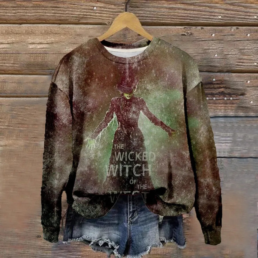 Halloween Witch Pumpkin Print Crew Neck Sweatshirt
