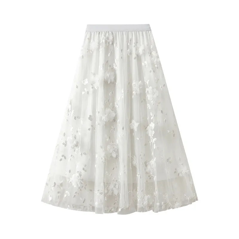 3D Floral Embroidered Tulle Maxi Skirt
