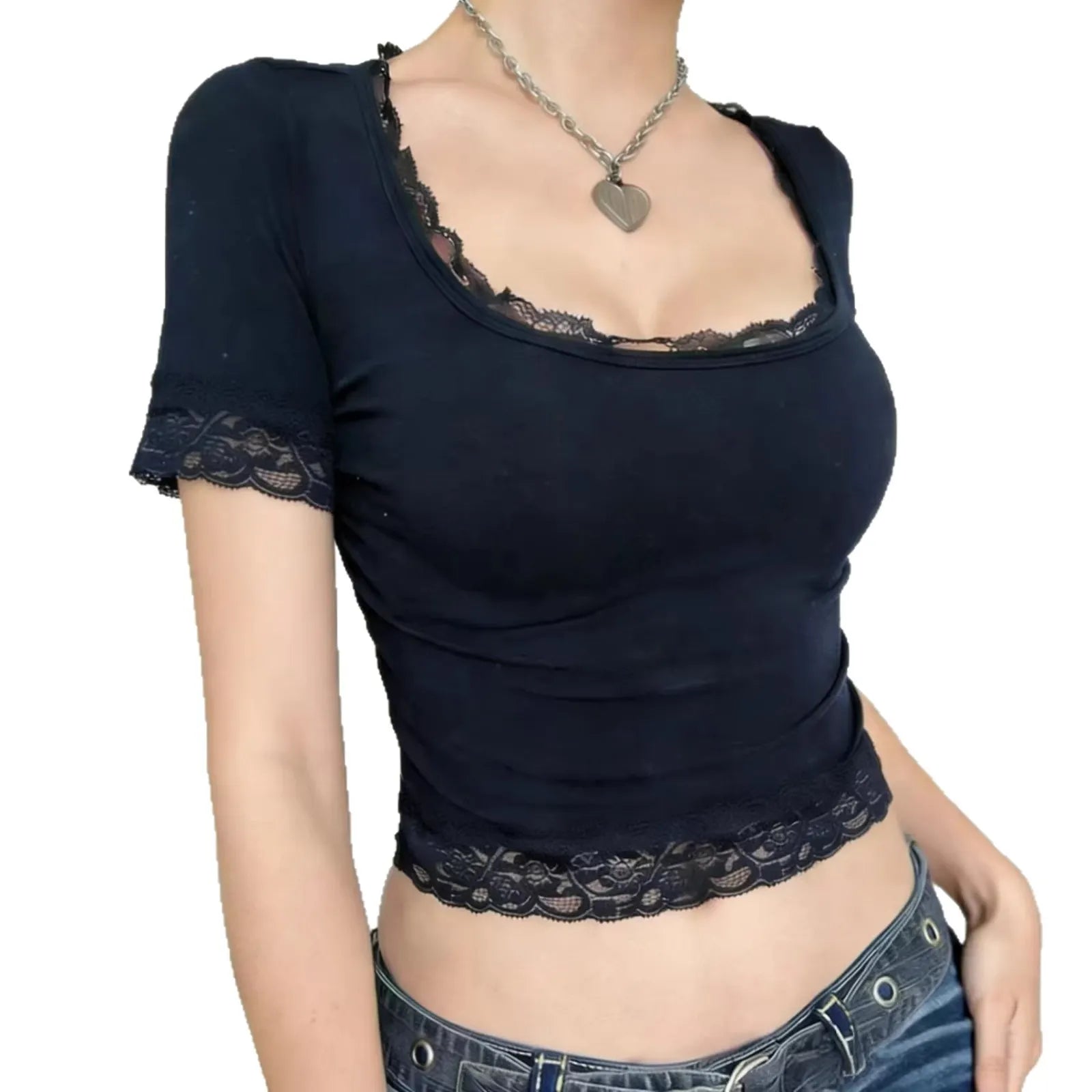 U-Neck Lace Trim Short Sleeve Solid Cropped Slim Fit Casual Top