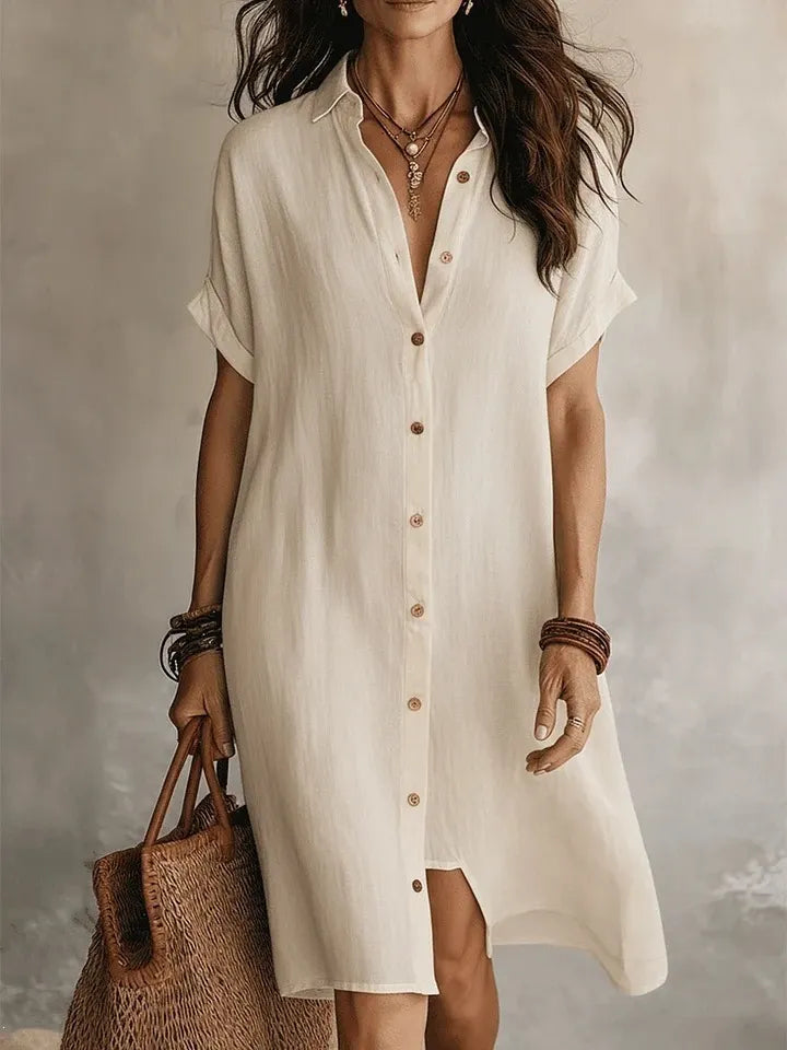 Lapel Cuff Sleeve Button Front Linen Shirt Midi Dress