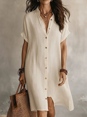 Lapel Cuff Sleeve Button Front Linen Shirt Midi Dress