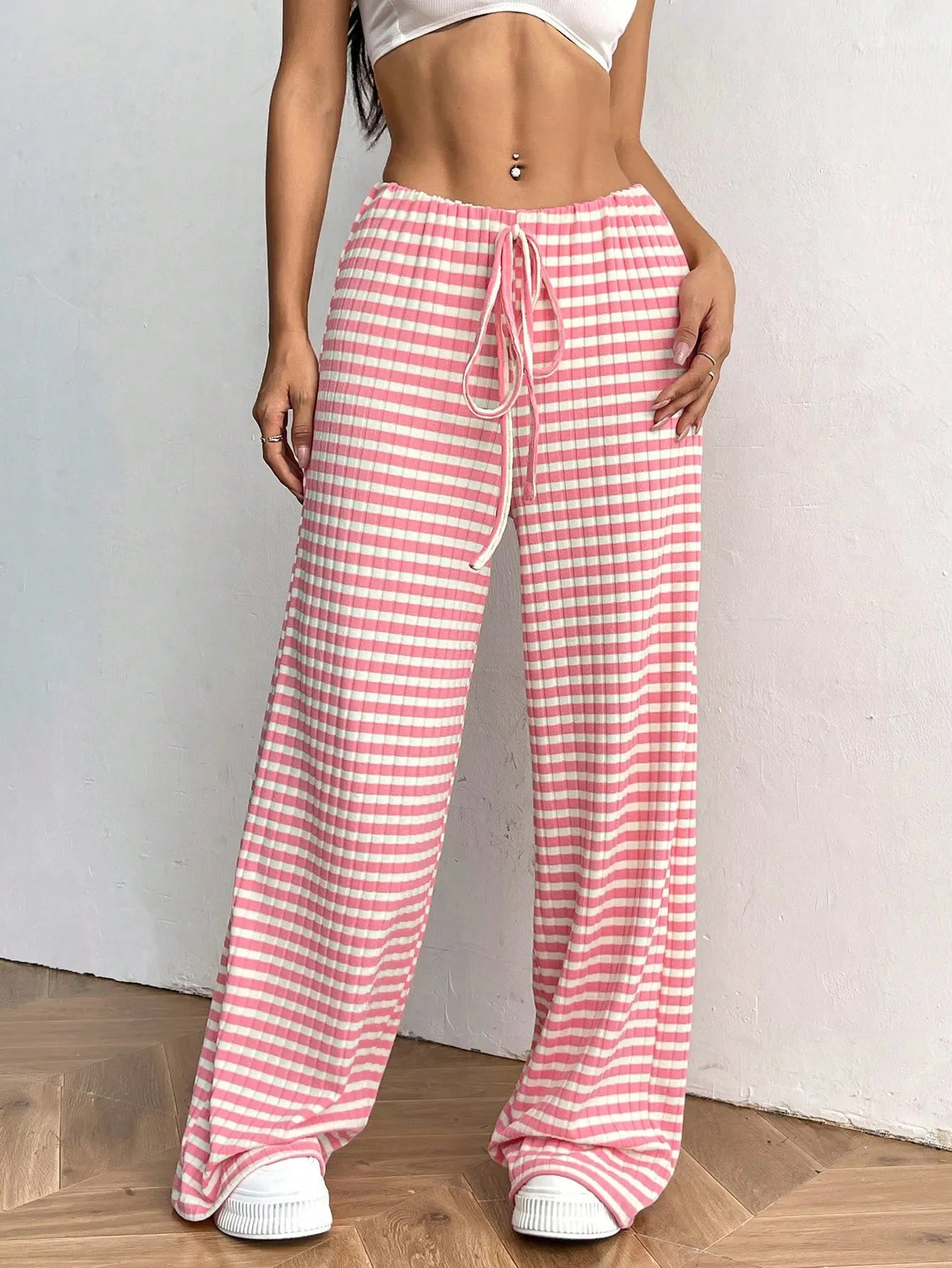 Striped Drawstring Waist Loose Straight Leg Casual Pants