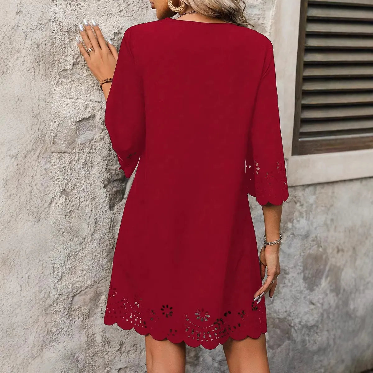 Solid Color Lace Trim V-Neck 3/4 Sleeve Midi Dress