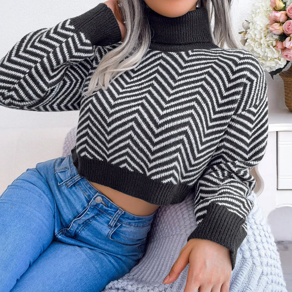 Turtleneck Chevron Striped Cropped Sweater