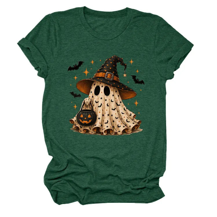 Halloween Ghost Witch Bat Print Crew Neck Short Sleeve T‑Shirt