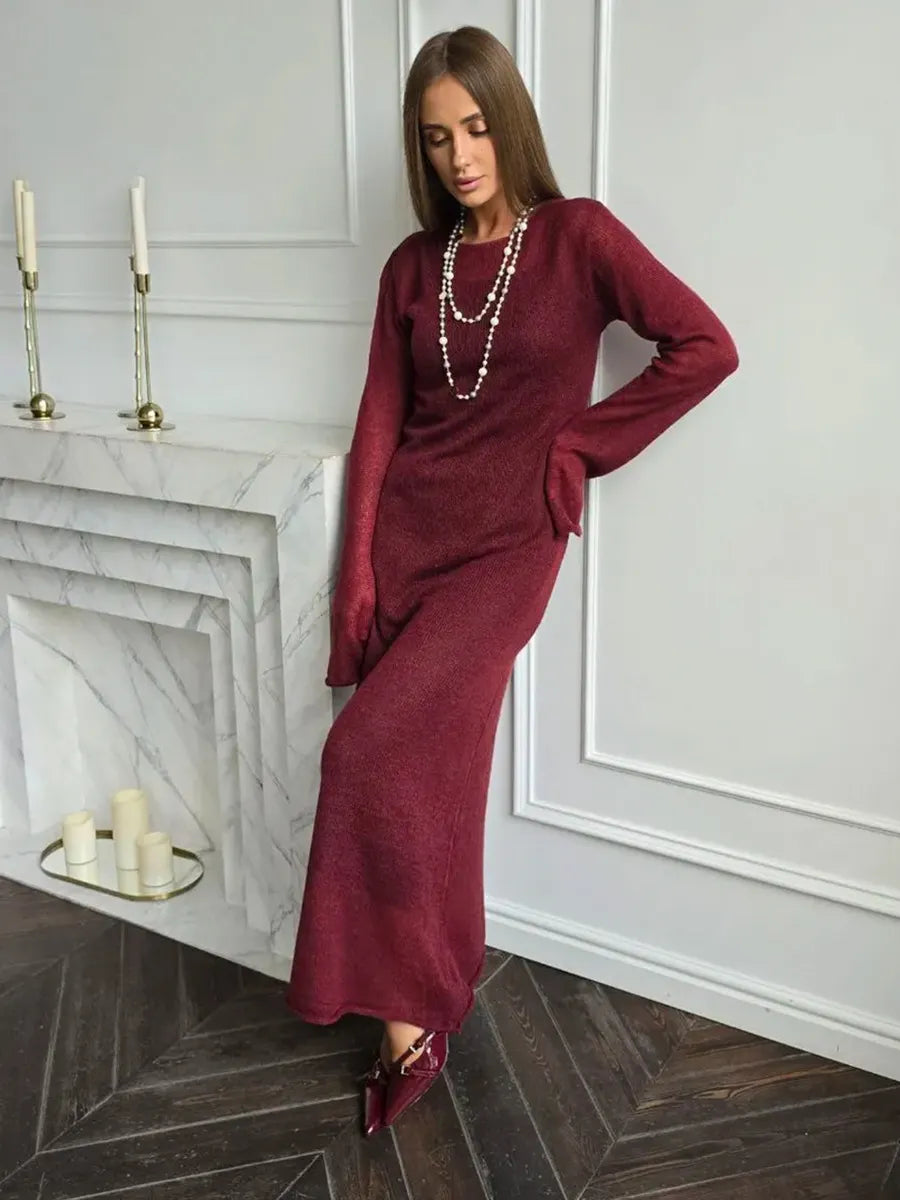 Light Pink Semi Sheer Knit Dress, Ladies Crew Neck Flared Sleeve Elegant Long Knit Midi Dress