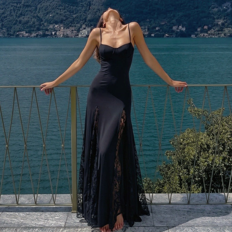 White Spaghetti Strap Mermaid Maxi Dress, Bustier Lace Slit Formal Evening Gown