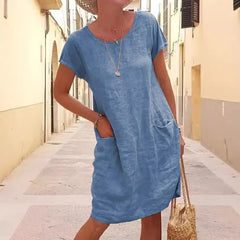 Solid Color Cotton Linen Short Sleeve Midi Dress,