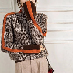 Herringbone Turtleneck Knit Sweater, Color Block Contrast Long Sleeve Slim Pullover