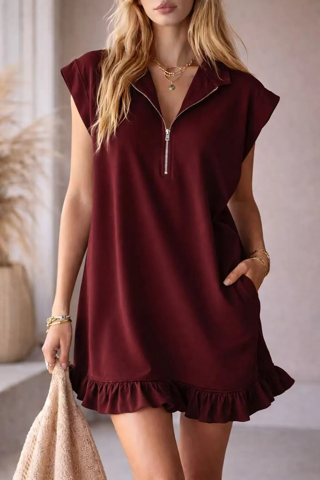 Zip Detail Ruffle Hem Sleeveless Shift Mini Dress