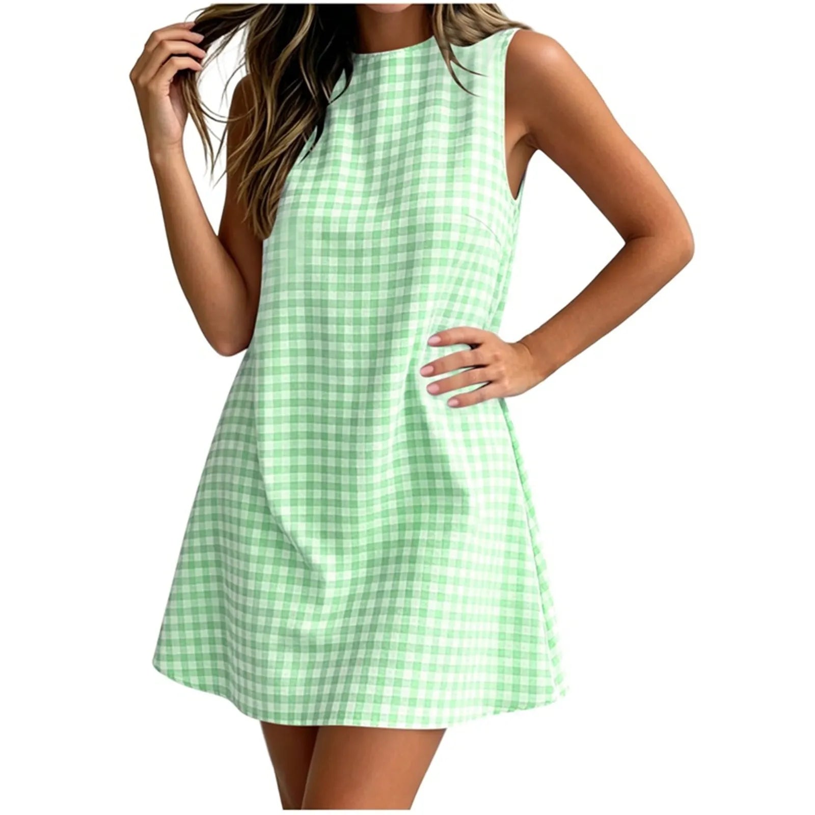 Round Neck Gingham Check Sleeveless Loose A-Line Mini Casual Dress