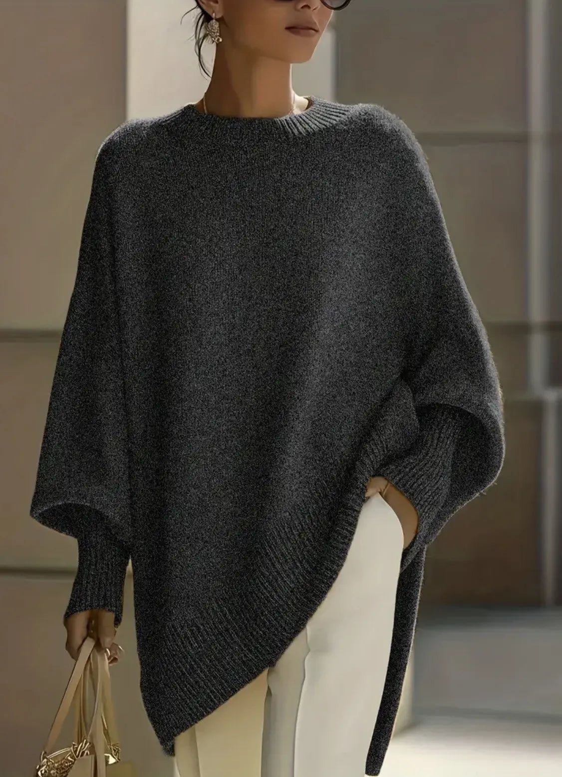 Oversized Batwing Sleeve Side Slit Knit Sweater