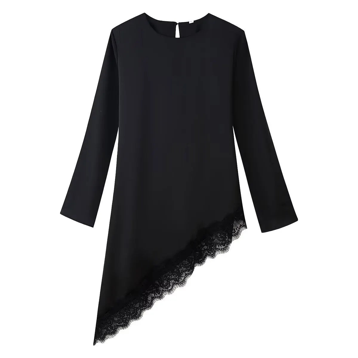 Solid Round Neck Long Sleeve Mid Waist Ruched Lace Splicing Irregular Midi Dress