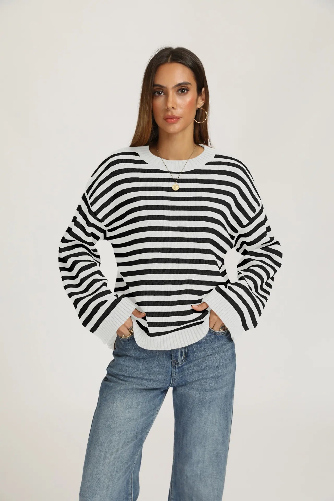 Bold Stripe Knit Pullover Crew Neck Drop Shoulder Loose Fit Fall Sweater
