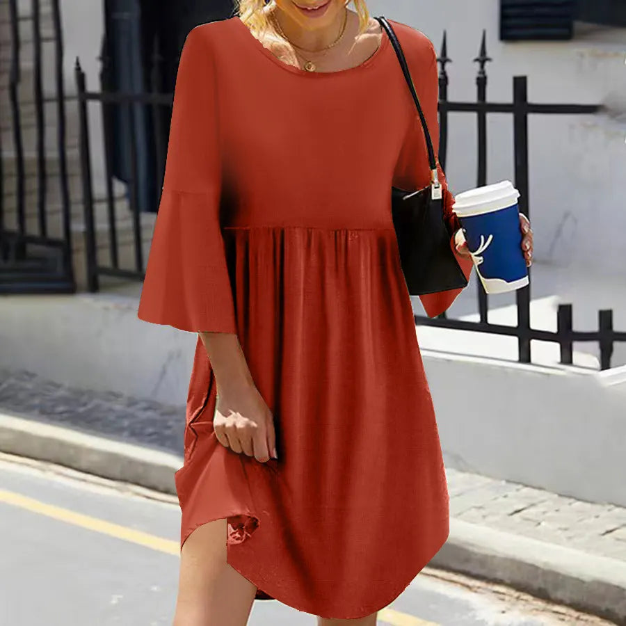 Crew Neck Flared 3/4 Sleeve Loose Tiered Irregular Hem Solid Midi Dress