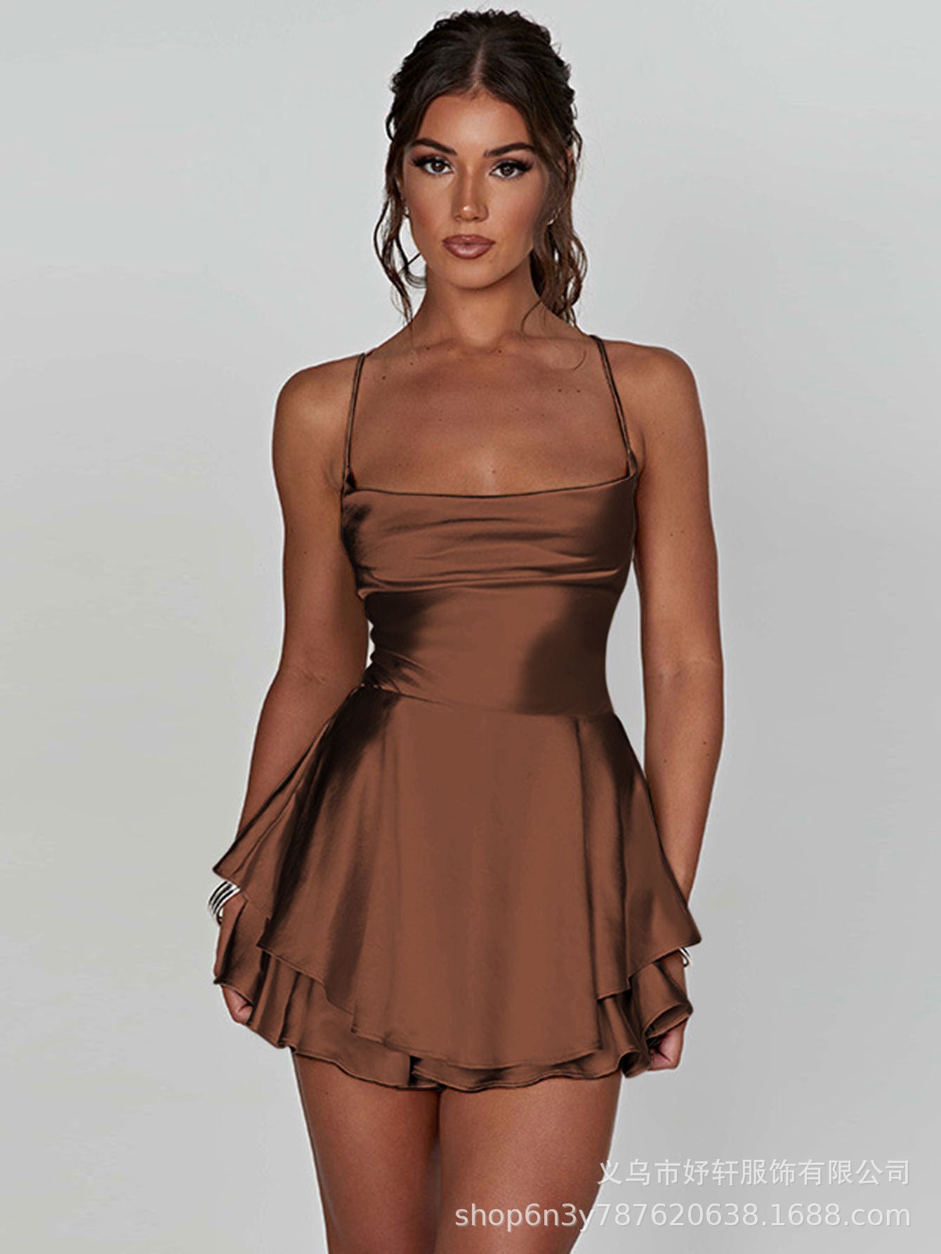 Square Neck Satin Spaghetti Strap Mini Dress