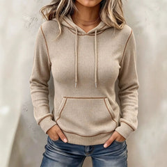 Casual White Waffle Knit Hoodie for Contrast Stitching Long Sleeve Pullover