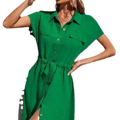 Green Tie-Waist Button-Front Shirt Maxi Dress