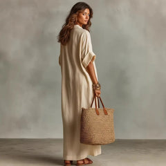 Lapel Half Button Roll Up Sleeve Loose A-Line Maxi Shirt Dress