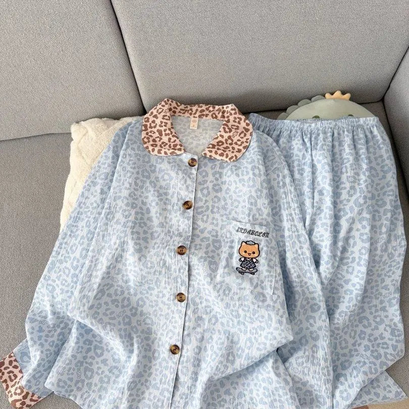 Light Blue Leopard Shirt & Pants 2 Piece Pajamas with Pocket Embroidery