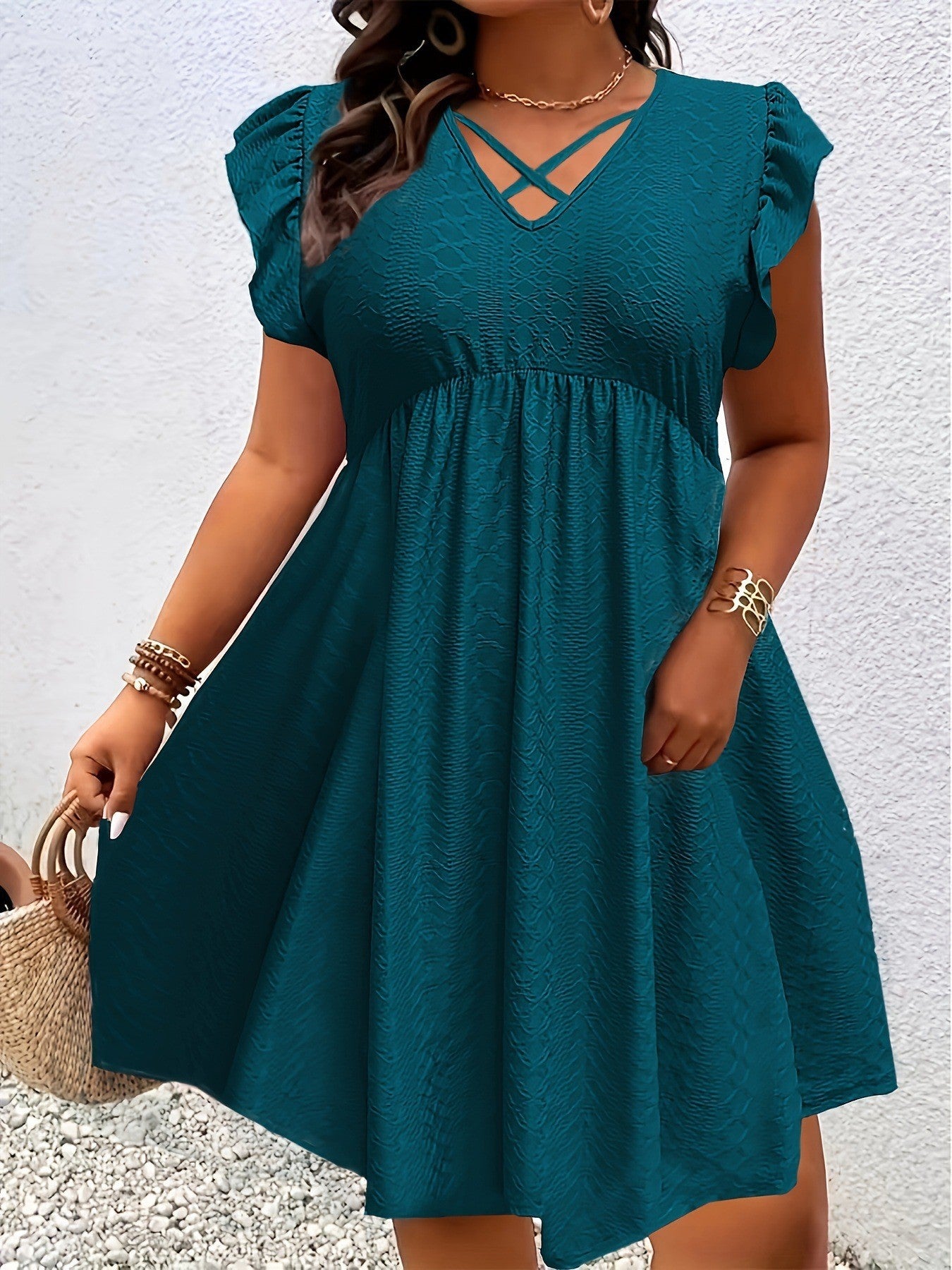 Burgundy V-Neck Ruffle-Sleeve A-Line Midi Dress