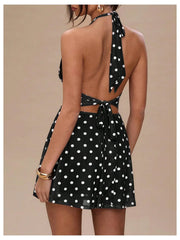 Deep V Halter Ruched Waist Polka Dot Mini Dress