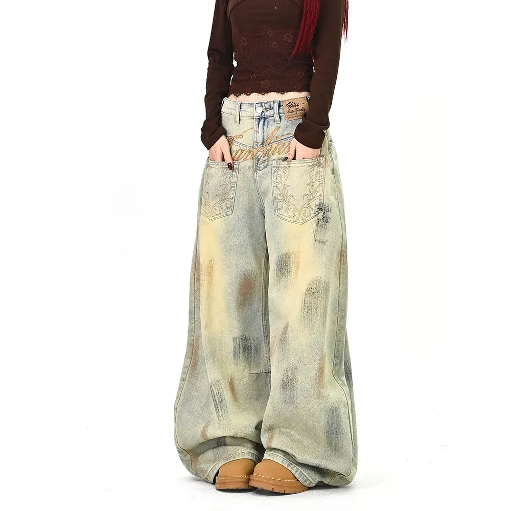 Mid‑Waist Vintage Washed Loose Wide Leg Jeans