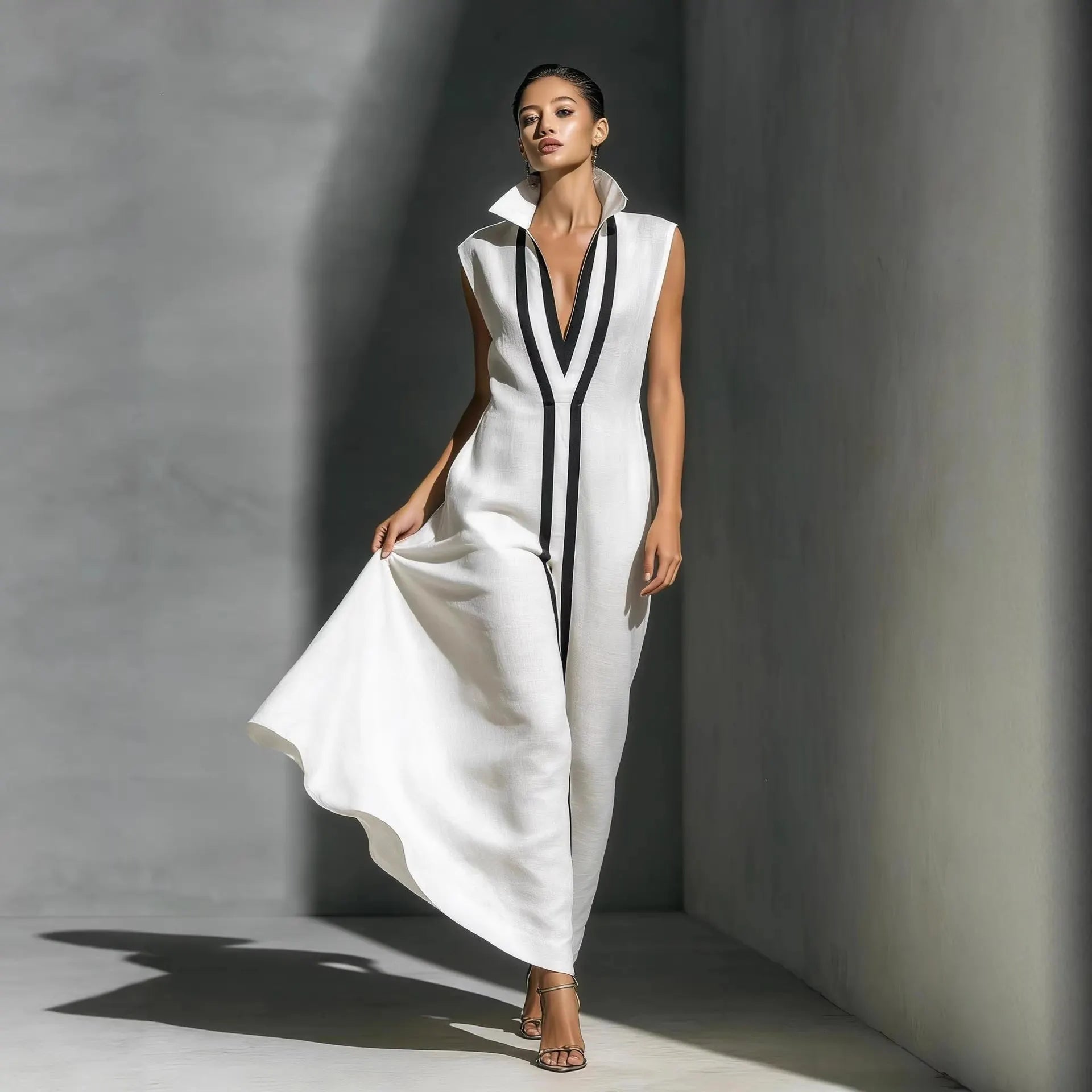 Contrast Piping Deep V-Neck Collared Sleeveless Loose Maxi Dress