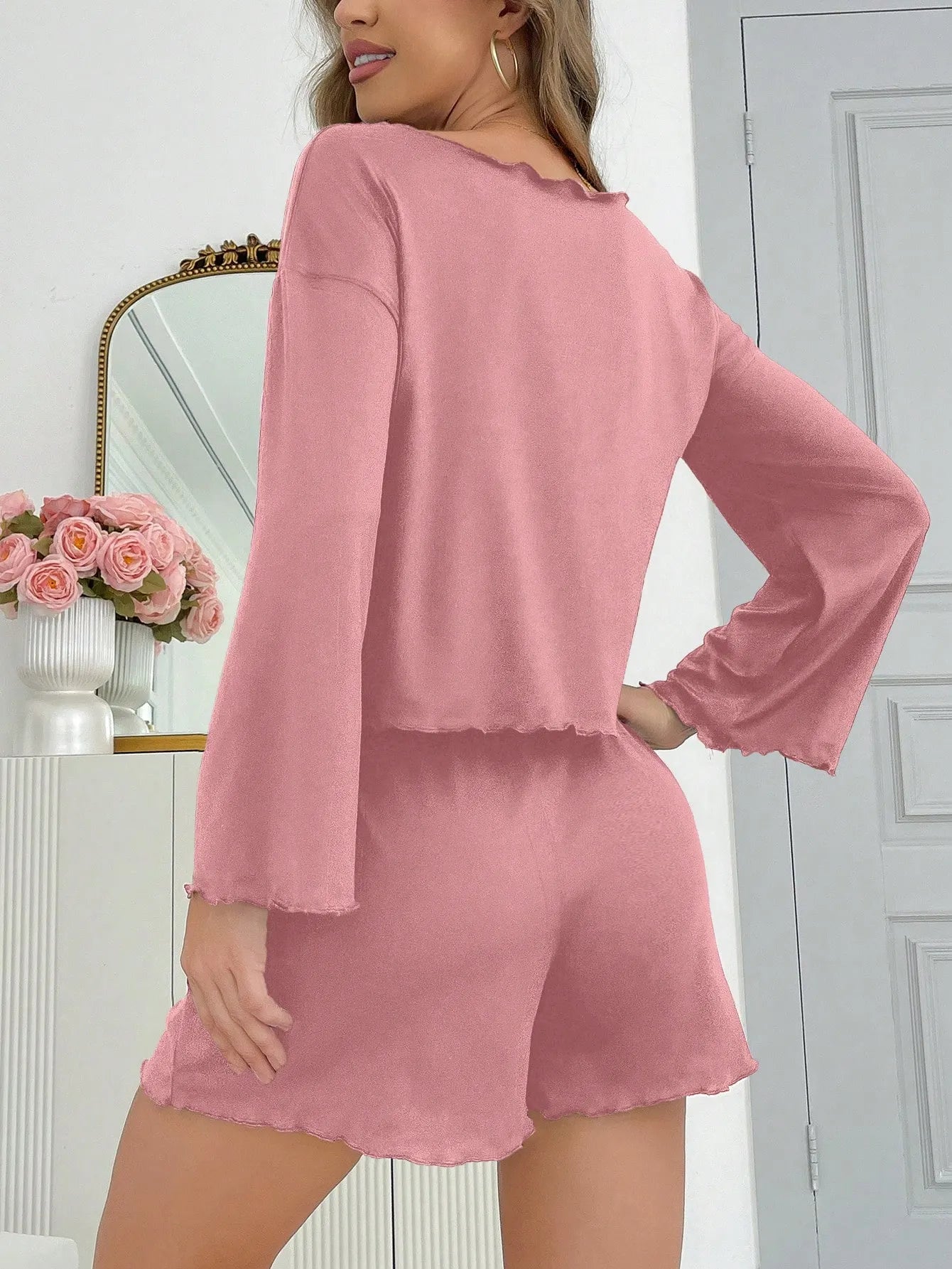 Pink Off Shoulder Lettuce Trim Long Sleeve 2 Piece Shorts Pajama Set