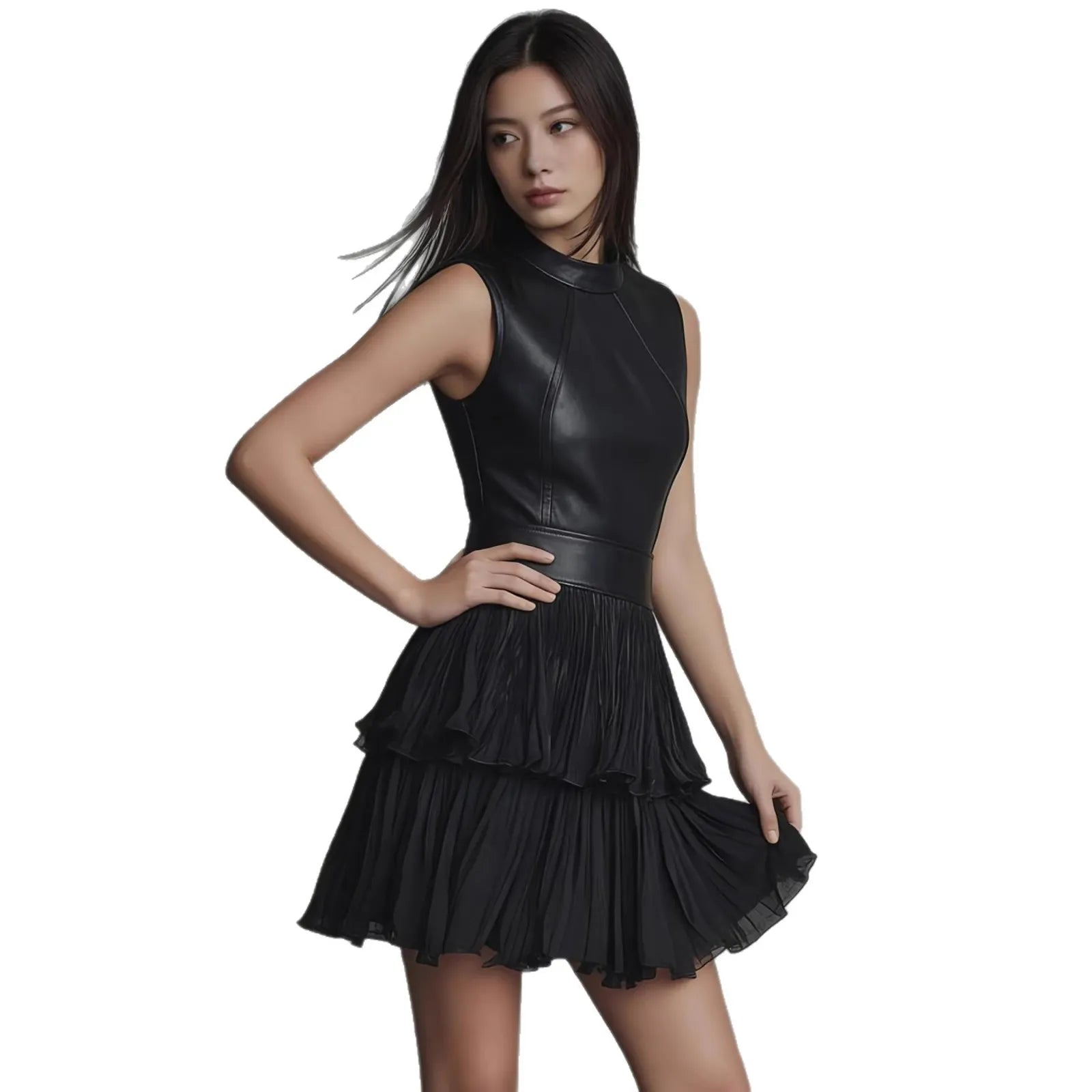 Sleeveless Faux Leather Spliced Tiered Ruffle Mini Dress