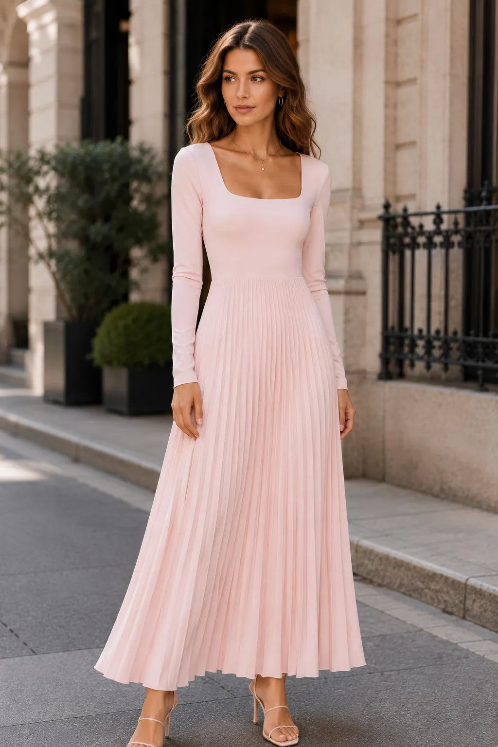 Square Neck Long Sleeve High Waist Pleated Maxi Dress Elegant Commuter Dress