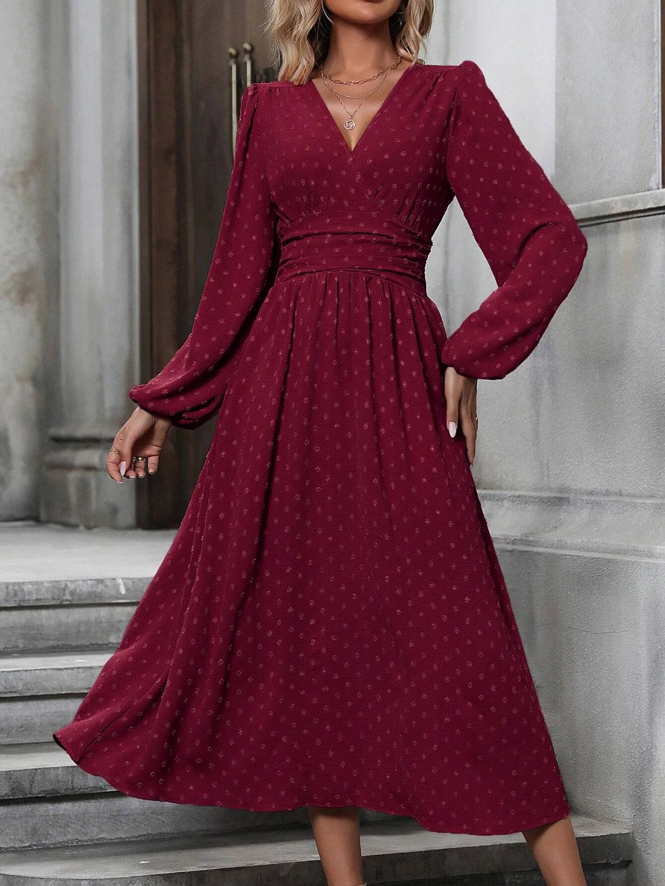 Deep V Neck Swiss Dot Midi Dress, Long Puff Sleeve Empire Waist Chiffon Party Dress