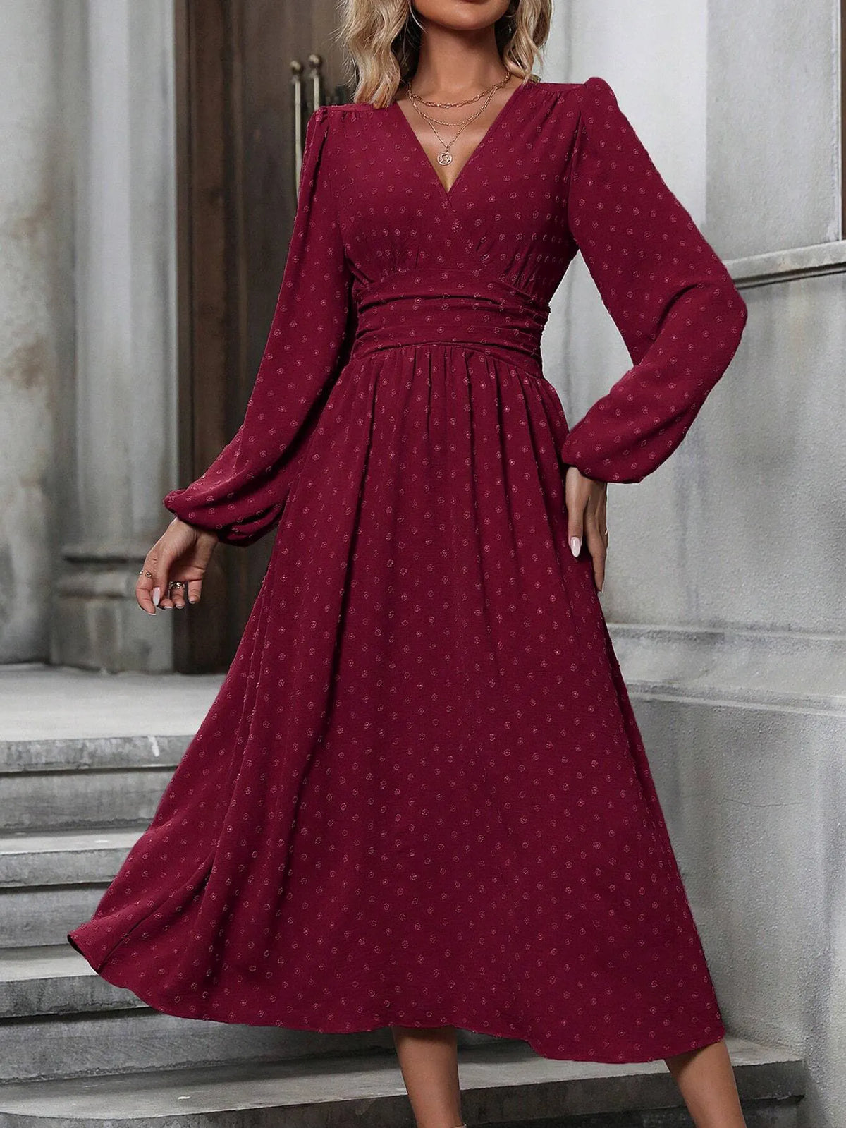 Deep V Neck Swiss Dot Midi Dress, Long Puff Sleeve Empire Waist Chiffon Party Dress