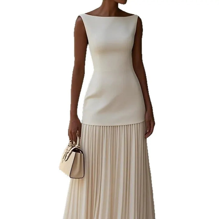 Solid Boat-Neck Top & Pleated Maxi Skirt Two-Piece Set
