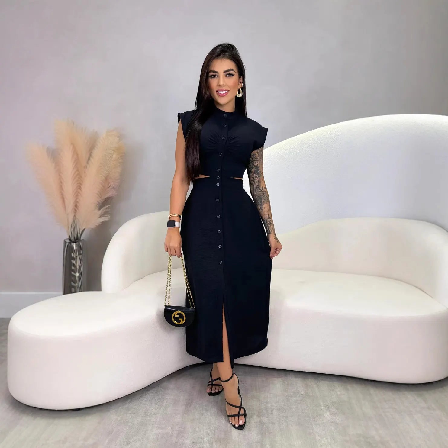 Apricot Stand Collar Cutout Button Midi Dress