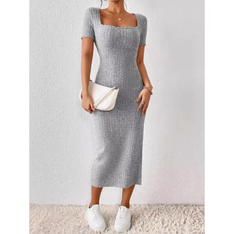 Square Neck Short Sleeve Ribbed Knit Bodycon Midi Dress with Side Slit