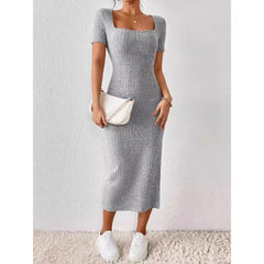 Square Neck Short Sleeve Ribbed Knit Bodycon Midi Dress with Side Slit