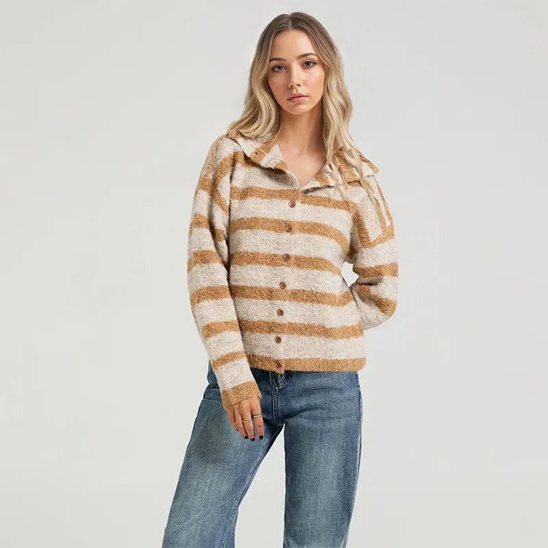 Casual Striped Collared Knit Cardigan Long Sleeve Button Front Sweater for Women
