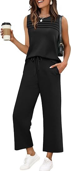 Solid Sleeveless Striped Detail Tank Top & Drawstring Cropped Pants