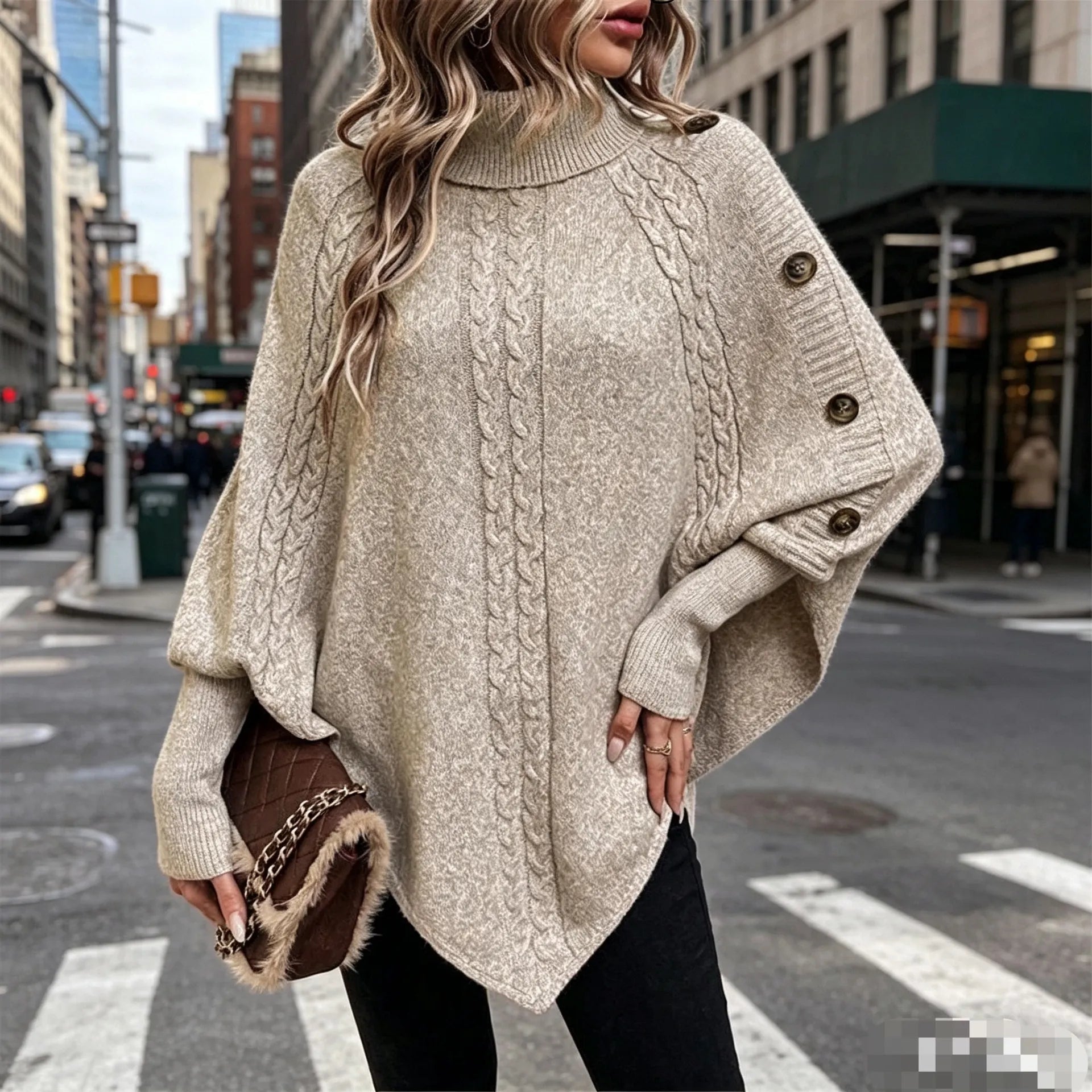 Turtleneck Cable Knit Asymmetrical Hem Sweater