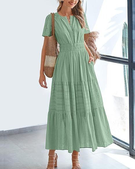 V-Neck Smocked Waist Tiered Maxi Dress