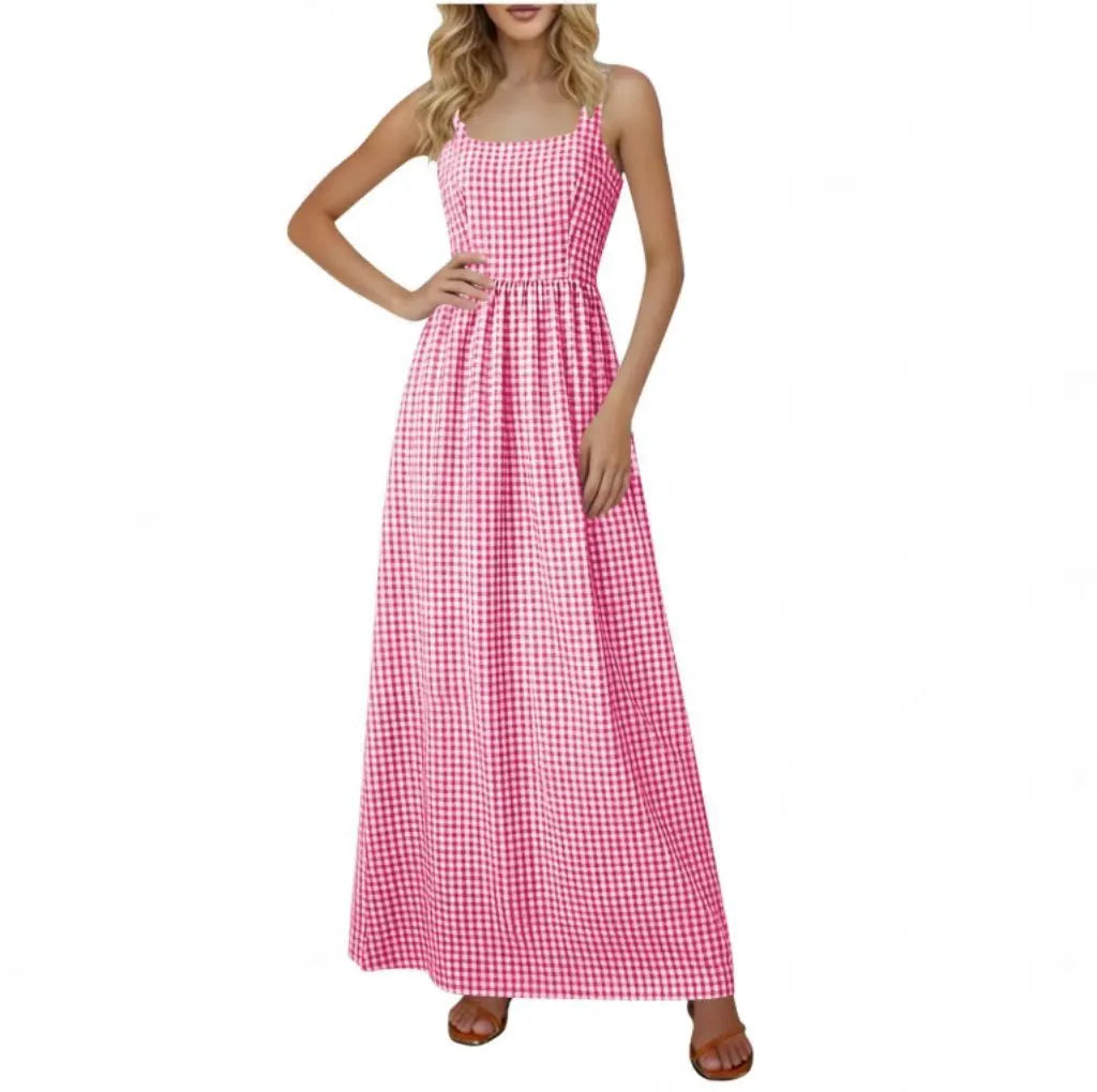 Square Neck Sleeveless Gingham Print Loose A-Line Maxi Dress