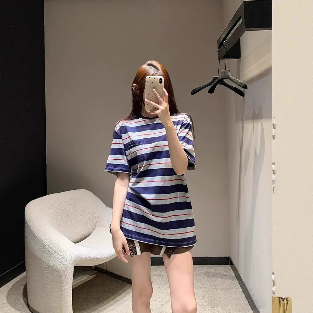 Round Neck Multi-Color Stripe Loose Short Sleeve Cotton T-Shirt