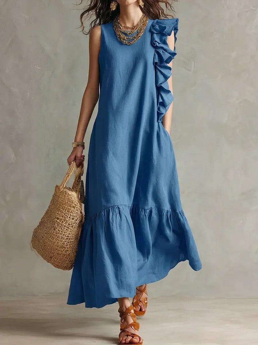Pleating Blue Ruffle Sleeveless Tiered Maxi Dress