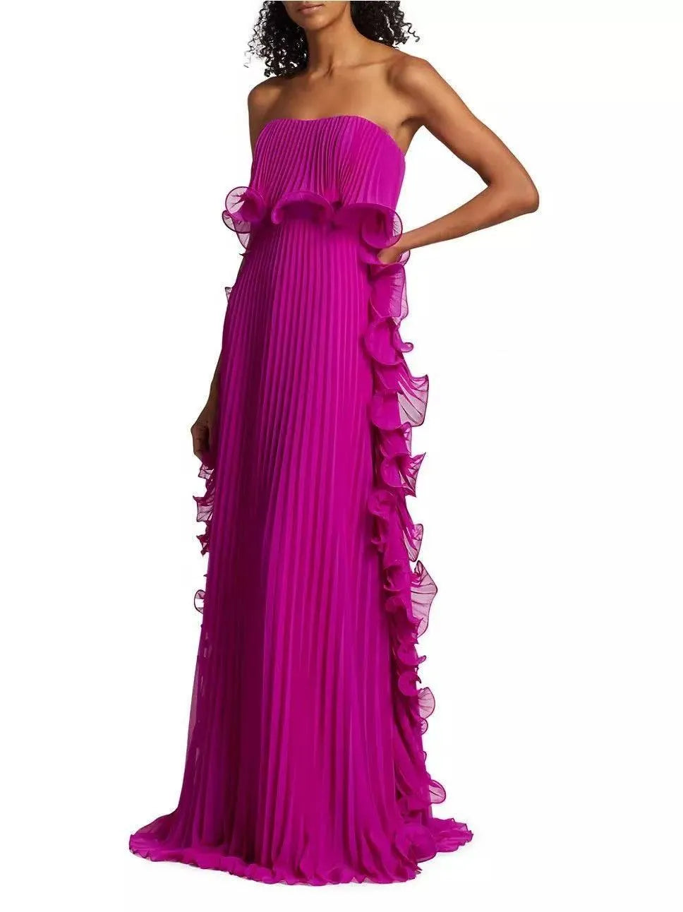 Strapless Ruffle Pleated Maxi Evening Dress