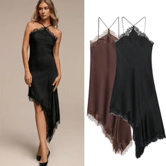 Solid Halter Cross Strap Lace Trim Open Back Irregular Midi Dress