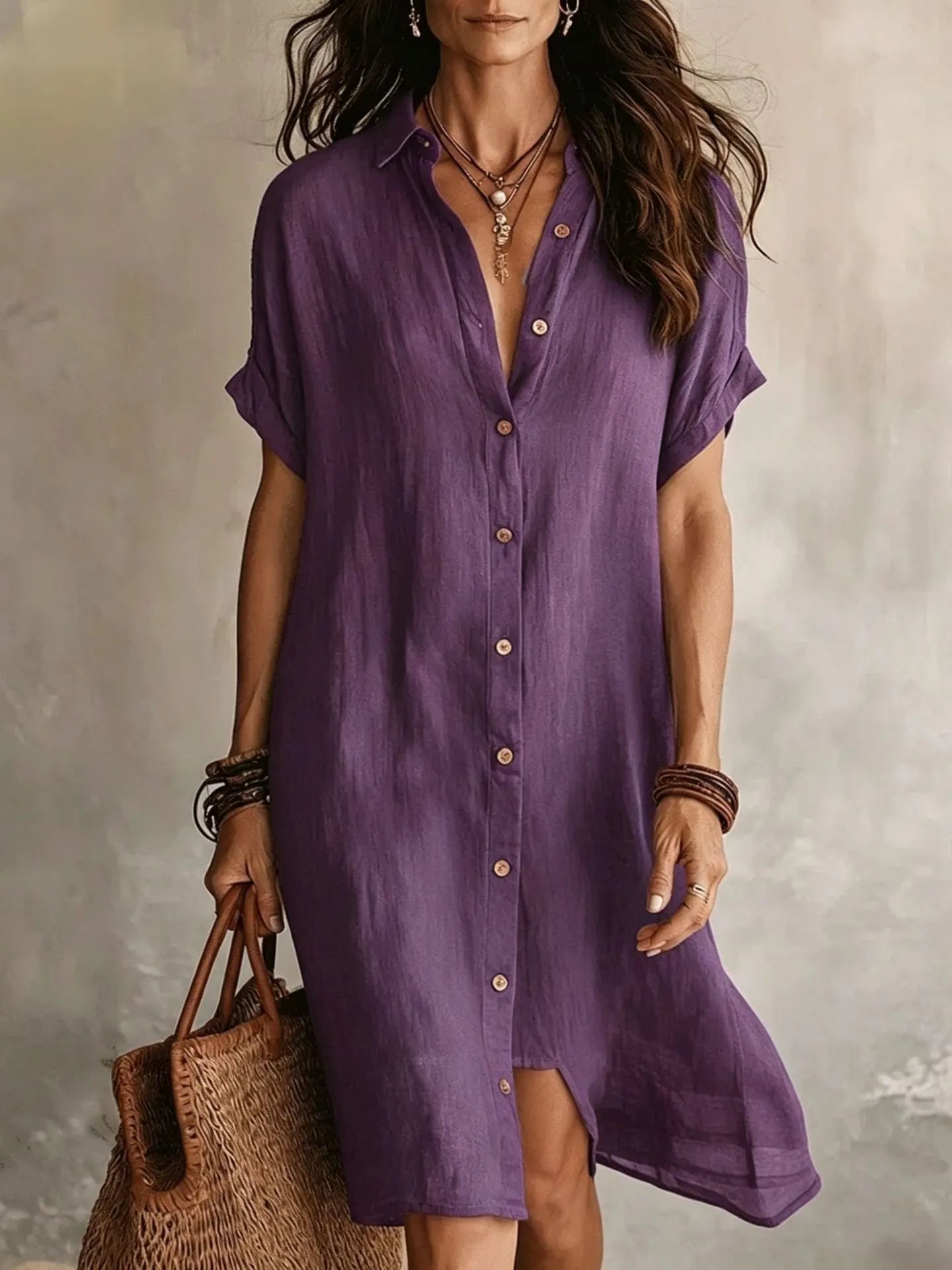 Lapel Short Sleeve Single Breasted Loose Cotton Linen Shirt Midi Dress