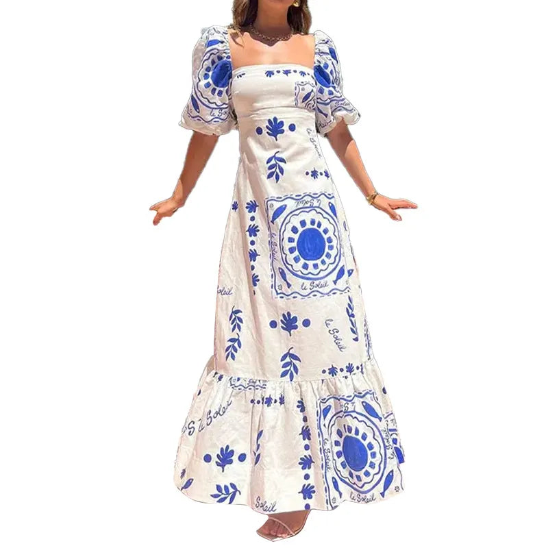 Print Square Neck Puff Sleeve Maxi Dress