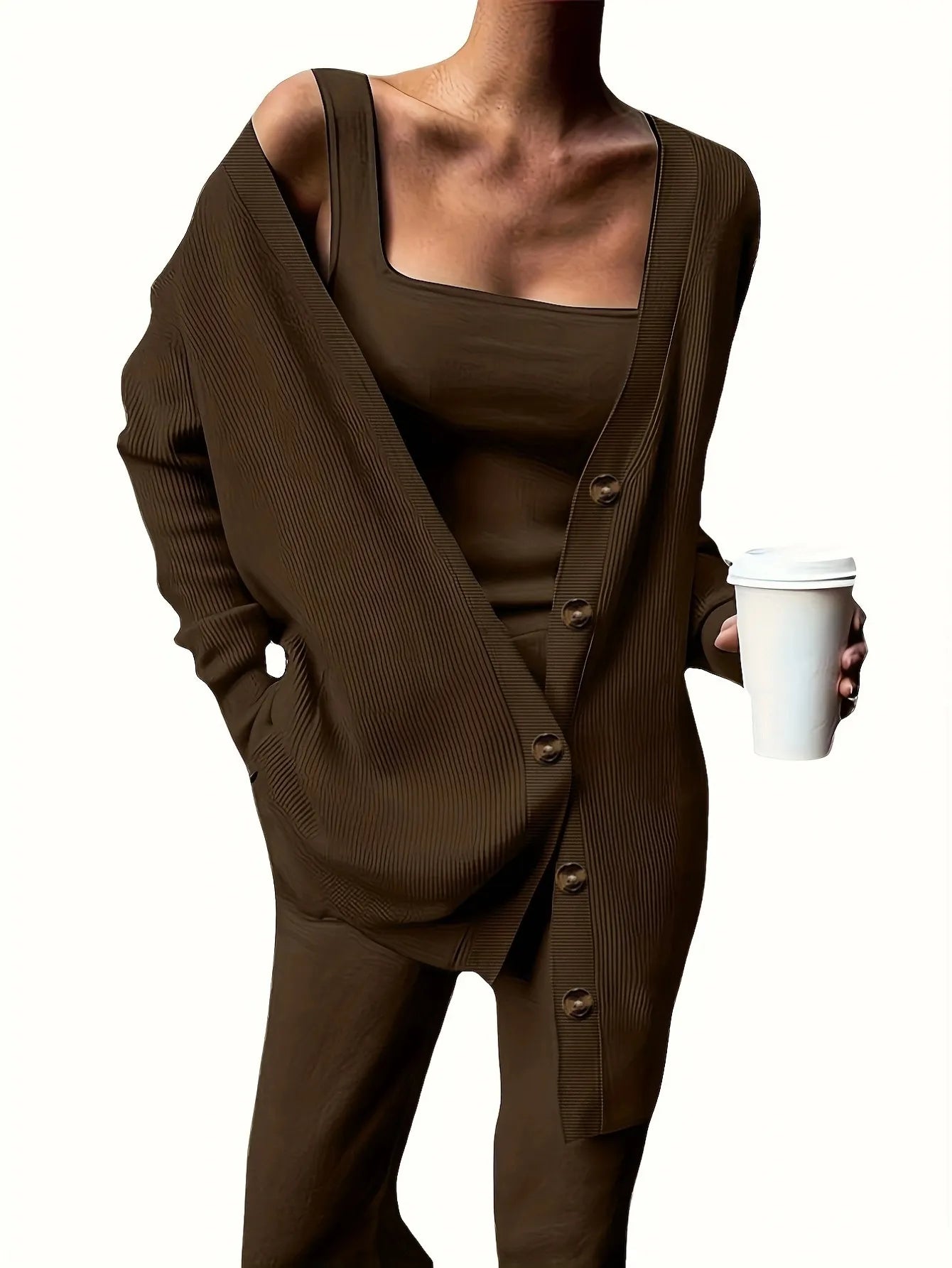 Beige Knit Cardigan, Cami Top & Wide-Leg Pants Set