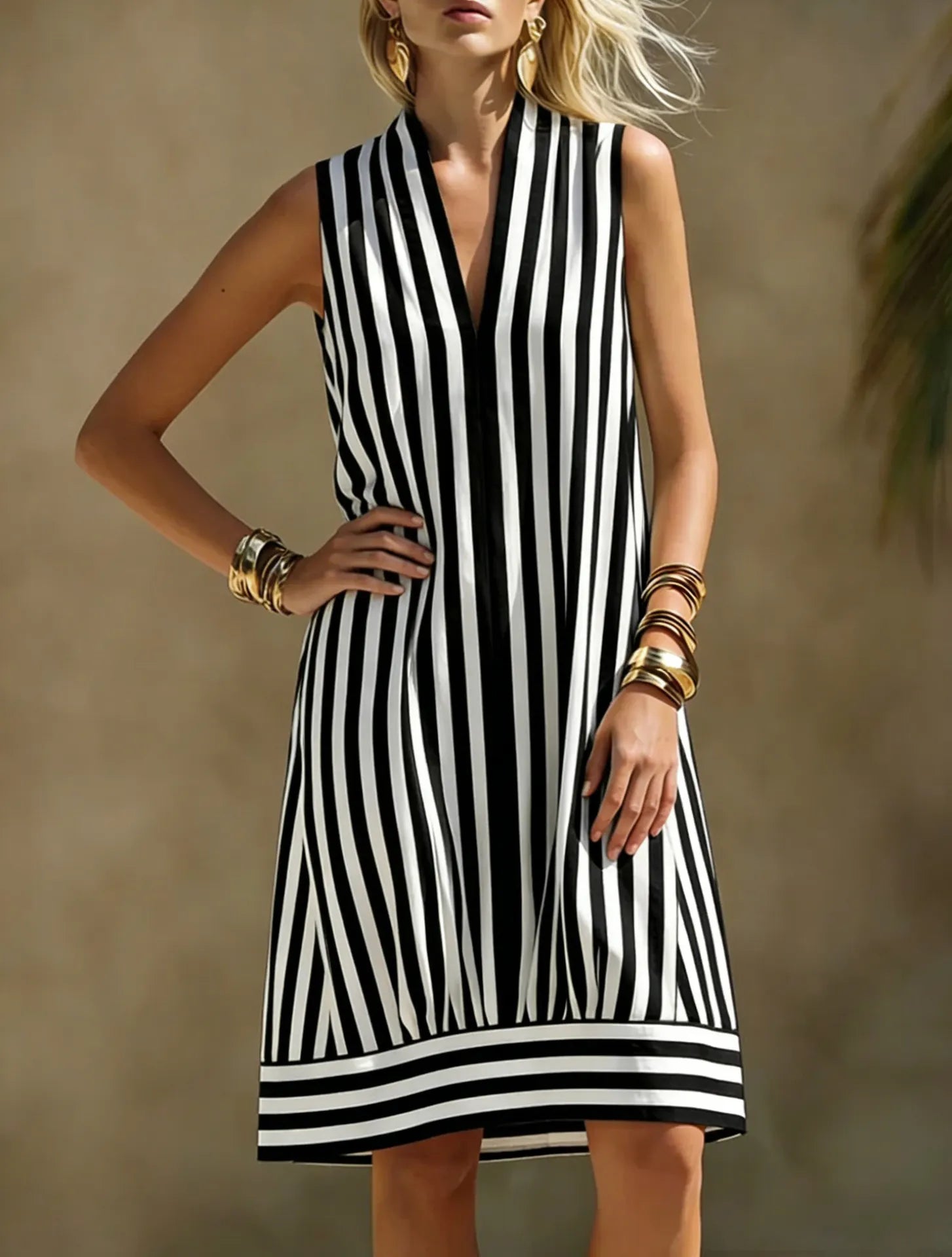 Sleeveless Stand Collar Half Placket Vertical Stripe Loose A-Line Midi Dress